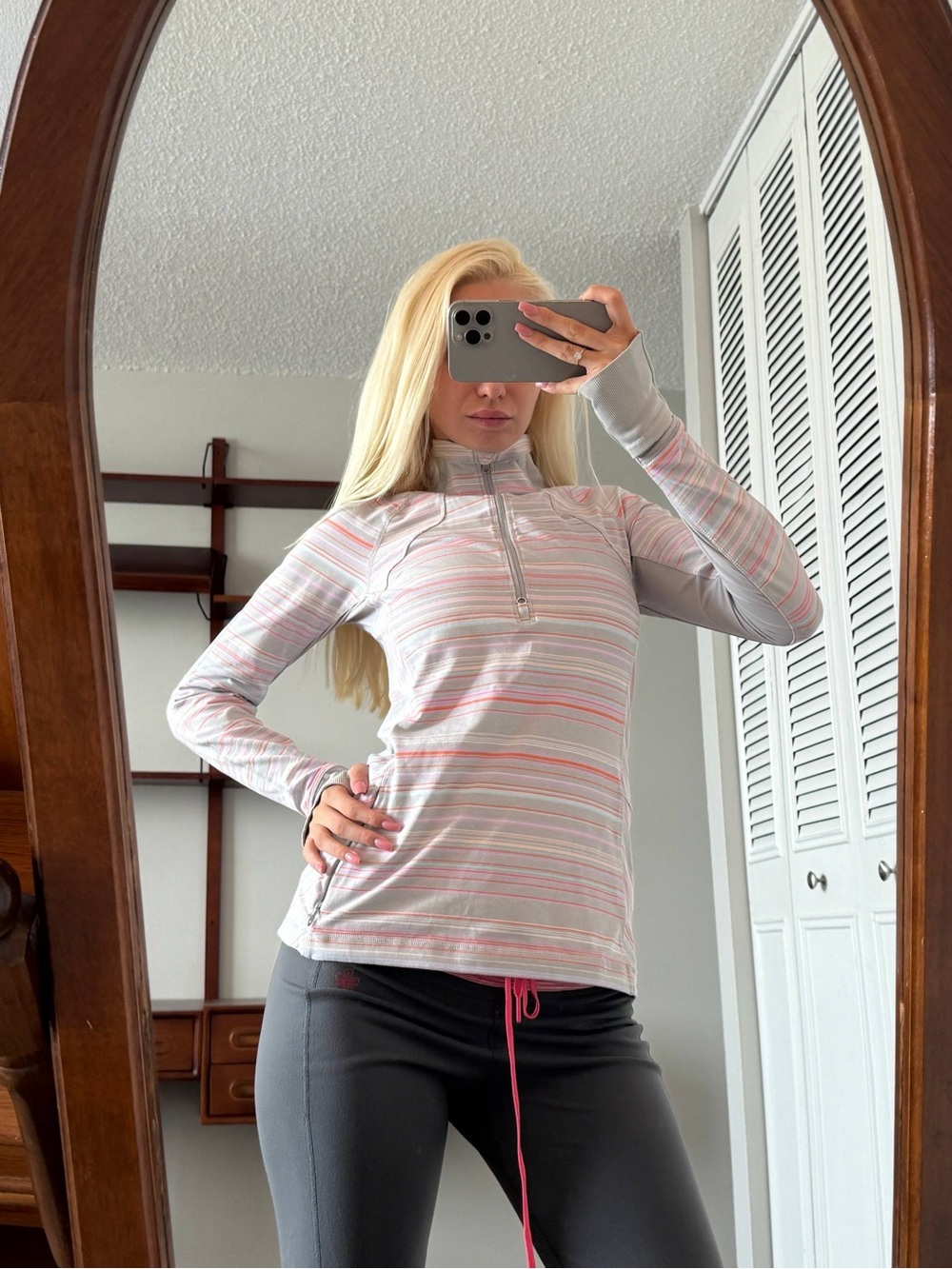 lululemon athletica Light Pink Striped Half-Zip Long Sleeve Top